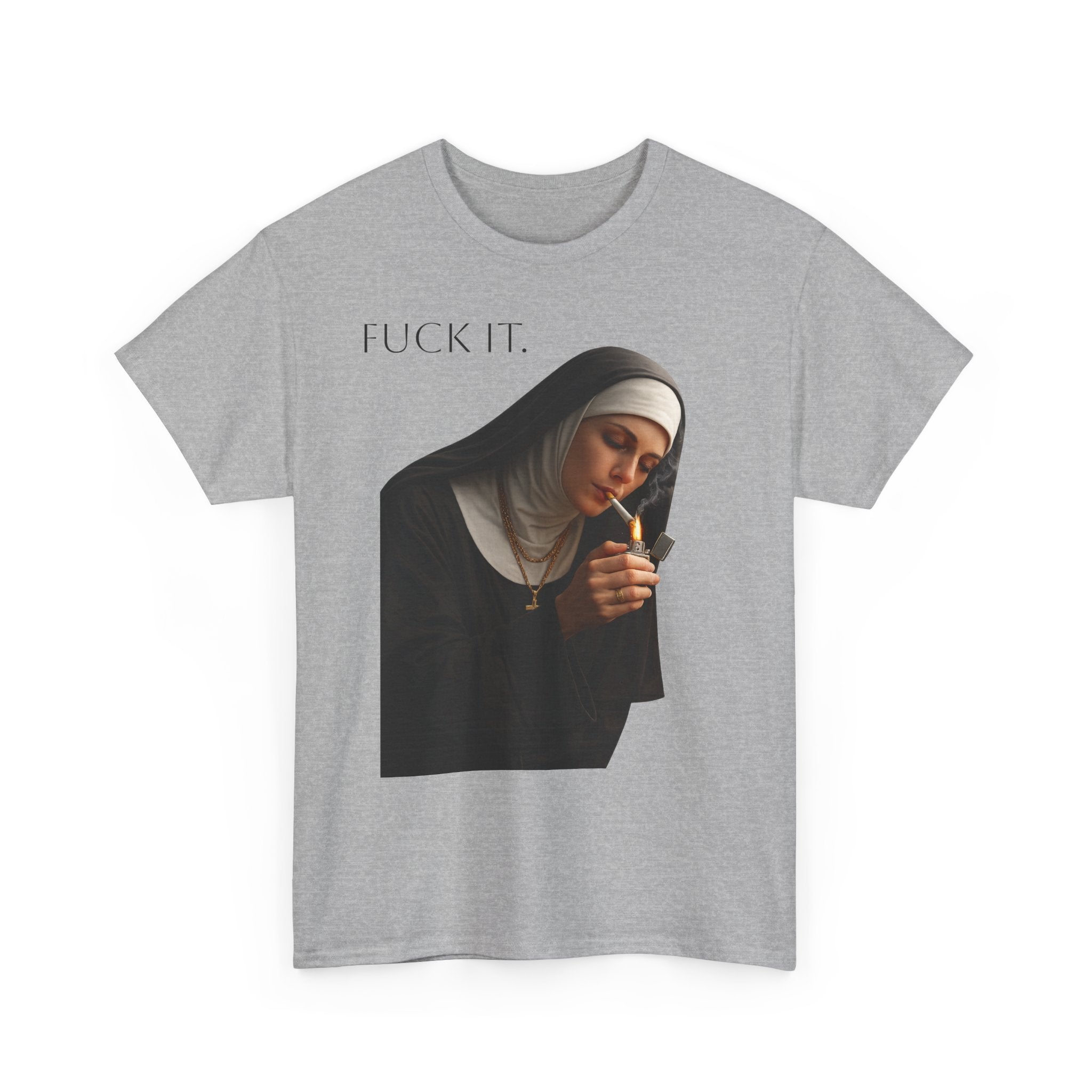 Graphic Tee — 'Fuck It' Smoking Nun Vintage Art T-Shirt