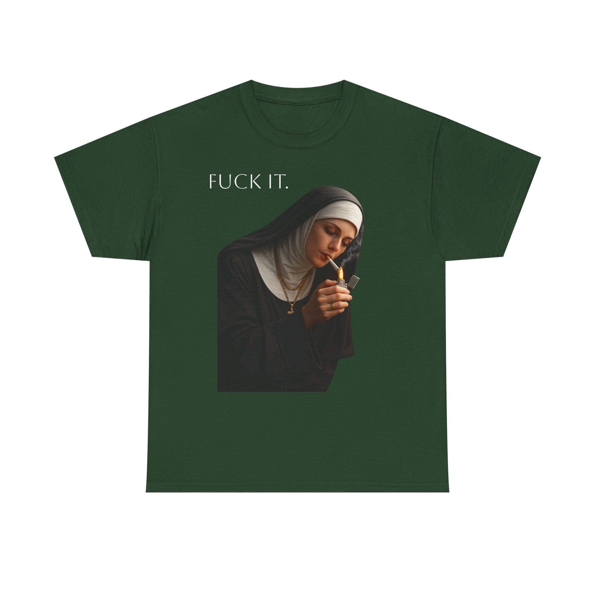 Graphic Tee — 'Fuck It' Smoking Nun Vintage Art T-Shirt