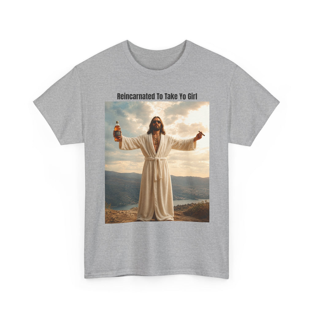 Graphic Tee — "Reincarnated to Take Yo Girl" Retro Jesus Parody T-Shirt
