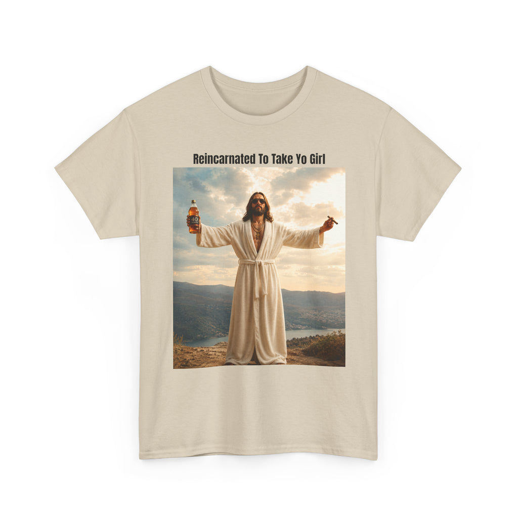 Graphic Tee — "Reincarnated to Take Yo Girl" Retro Jesus Parody T-Shirt