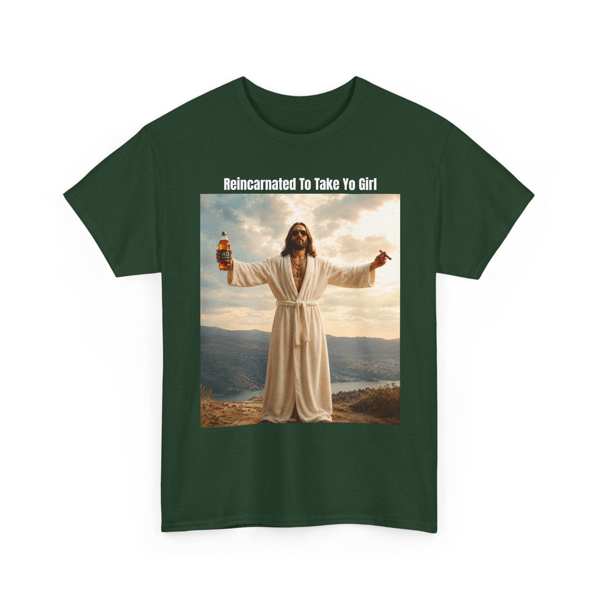Graphic Tee — "Reincarnated to Take Yo Girl" Retro Jesus Parody T-Shirt