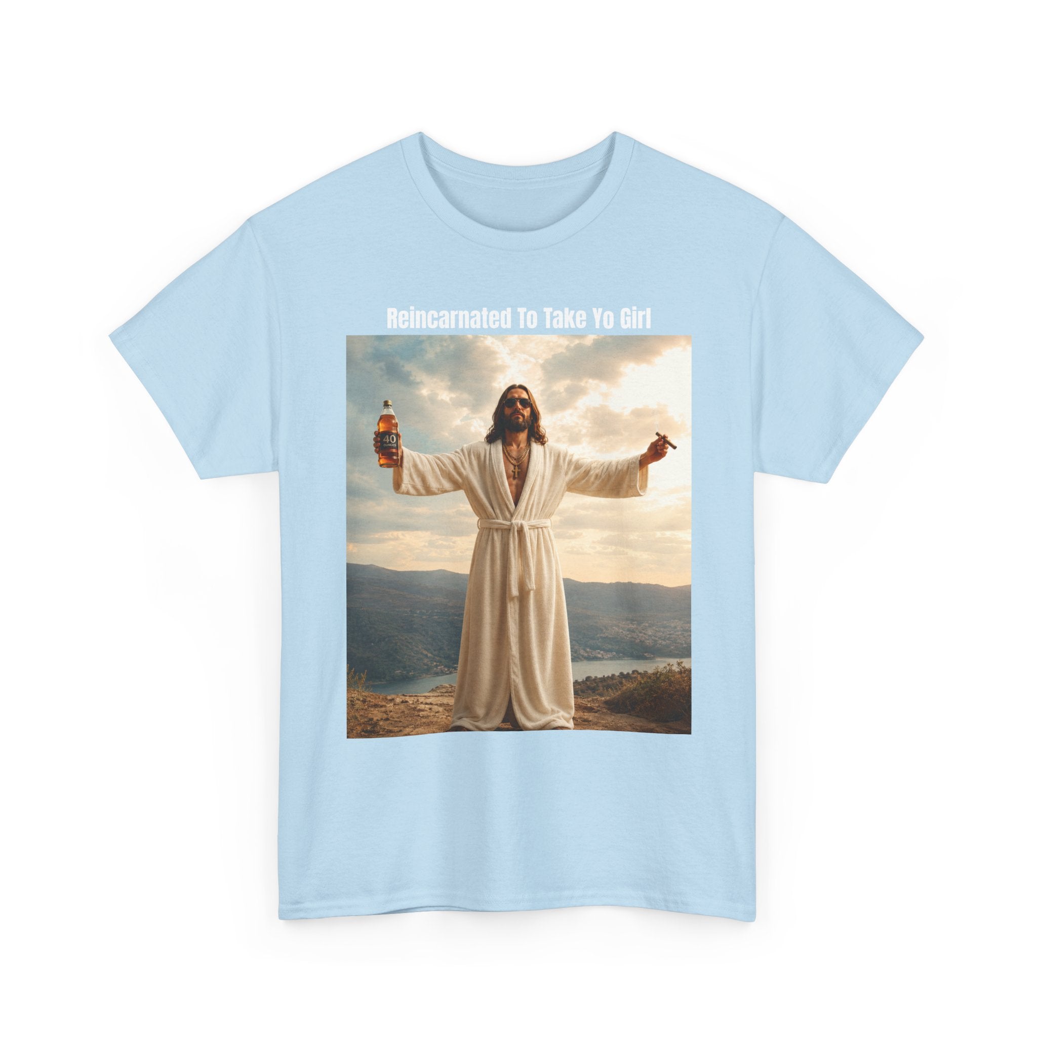 Graphic Tee — "Reincarnated to Take Yo Girl" Retro Jesus Parody T-Shirt