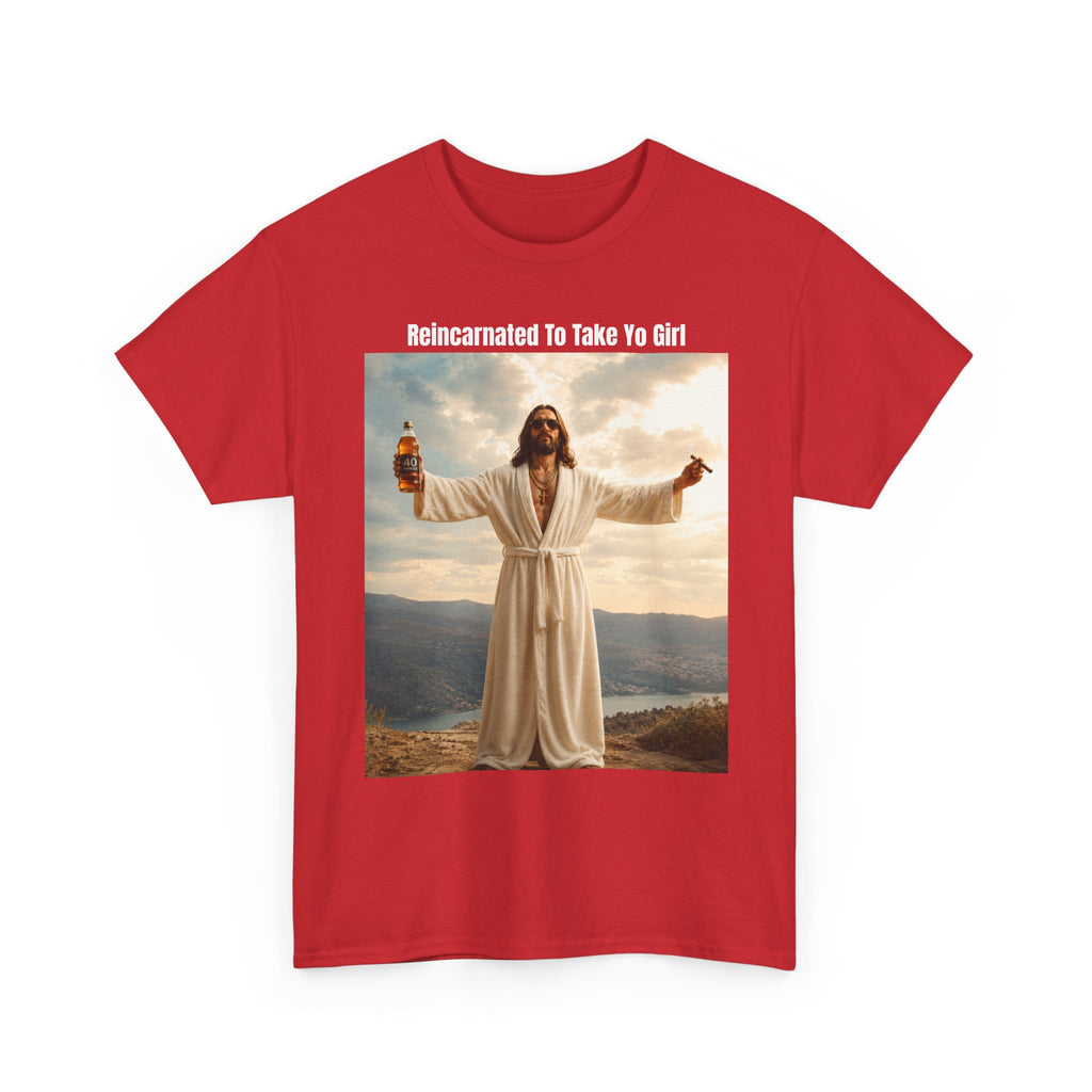 Graphic Tee — "Reincarnated to Take Yo Girl" Retro Jesus Parody T-Shirt