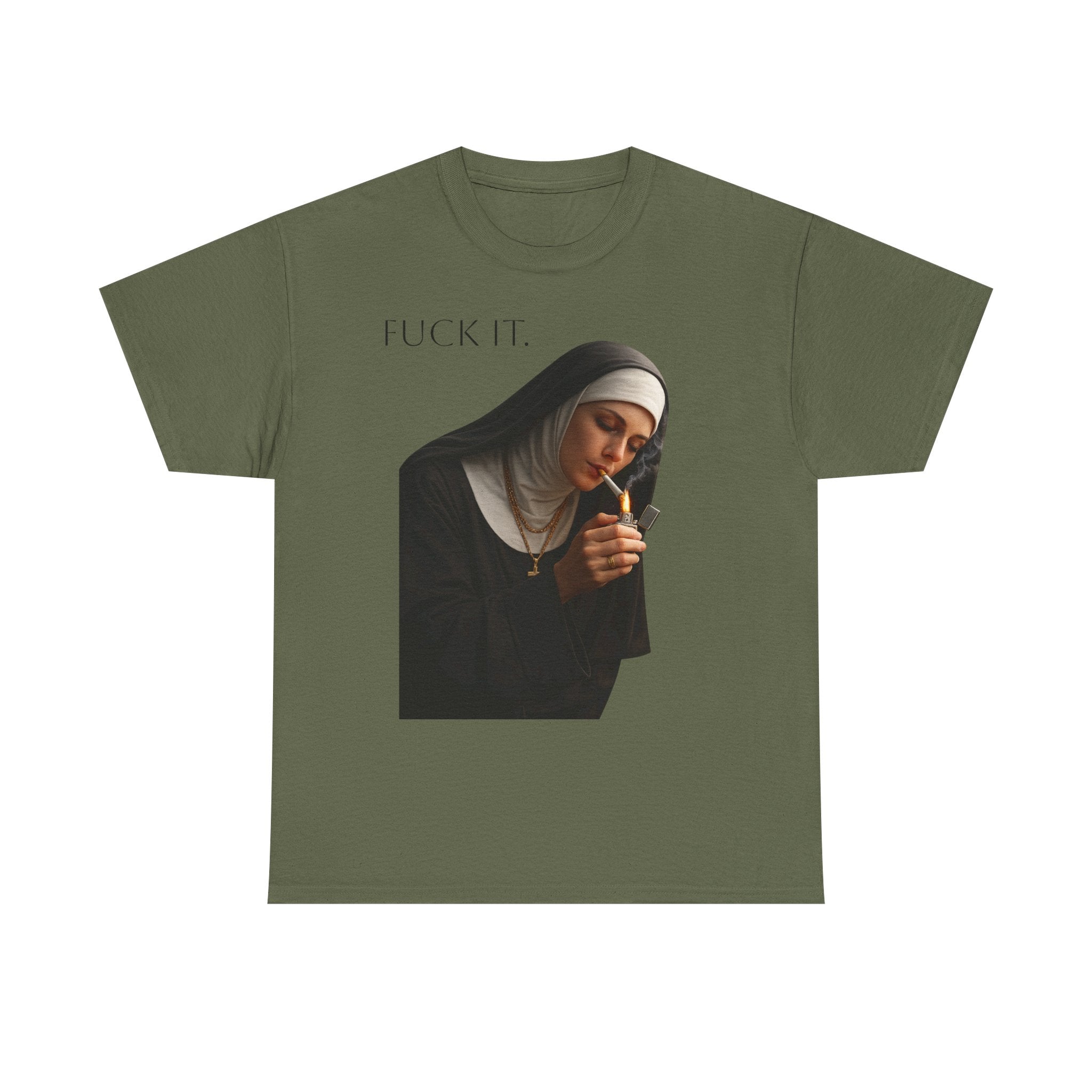 Graphic Tee — 'Fuck It' Smoking Nun Vintage Art T-Shirt