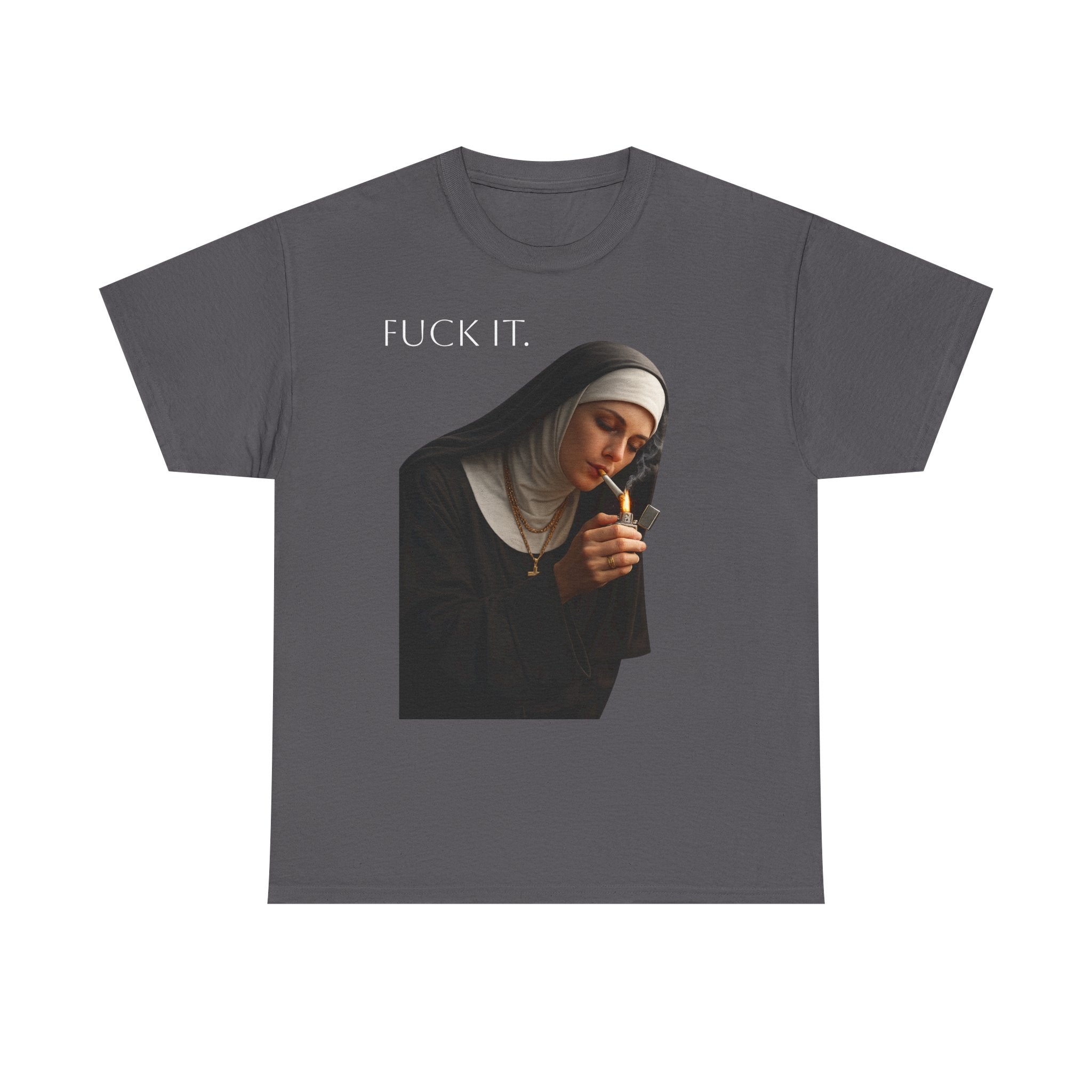 Graphic Tee — 'Fuck It' Smoking Nun Vintage Art T-Shirt