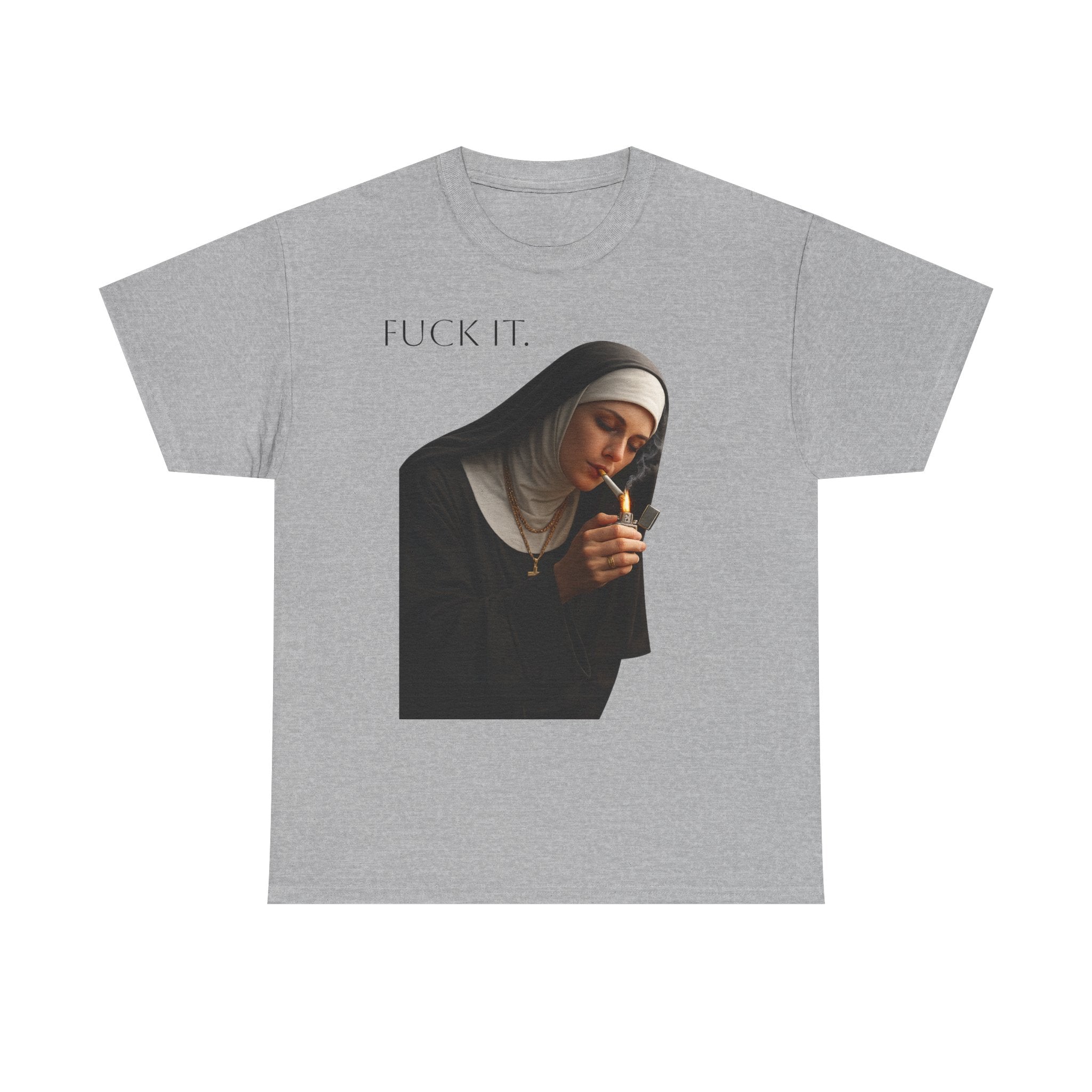 Graphic Tee — 'Fuck It' Smoking Nun Vintage Art T-Shirt