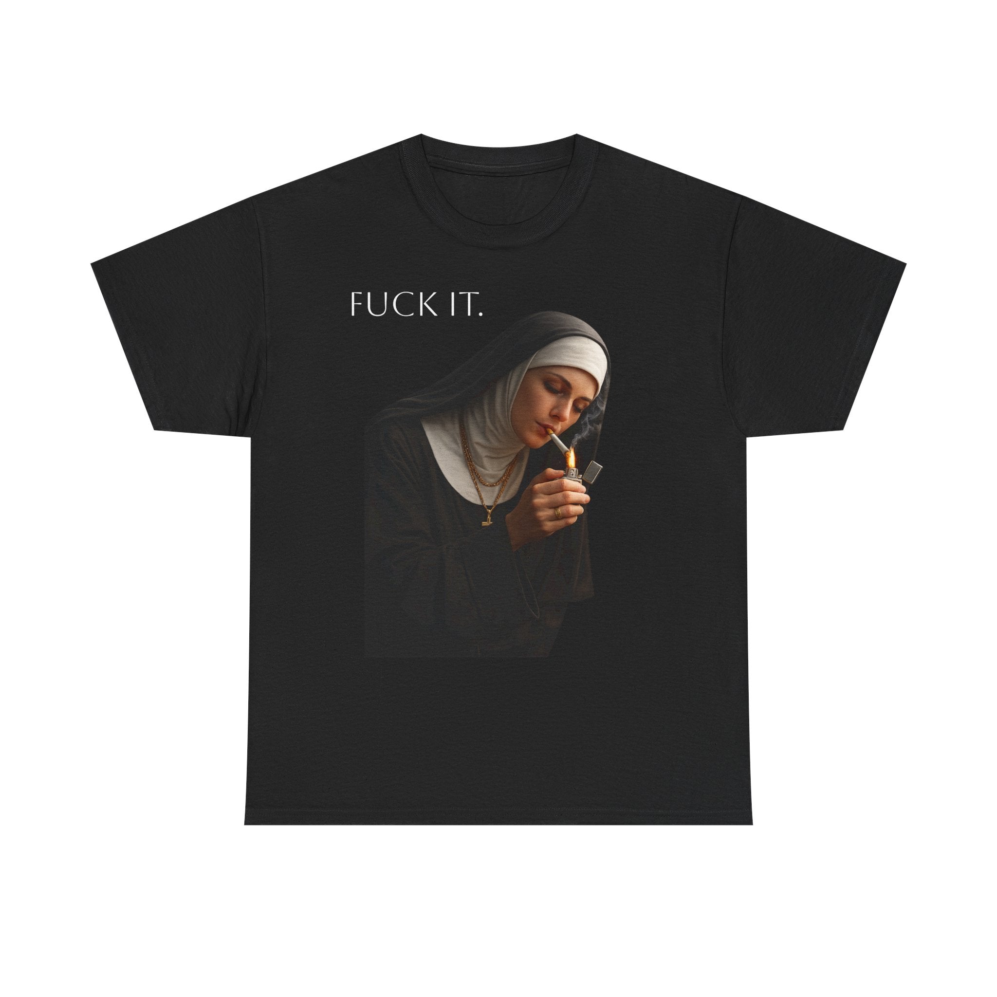 Graphic Tee — 'Fuck It' Smoking Nun Vintage Art T-Shirt
