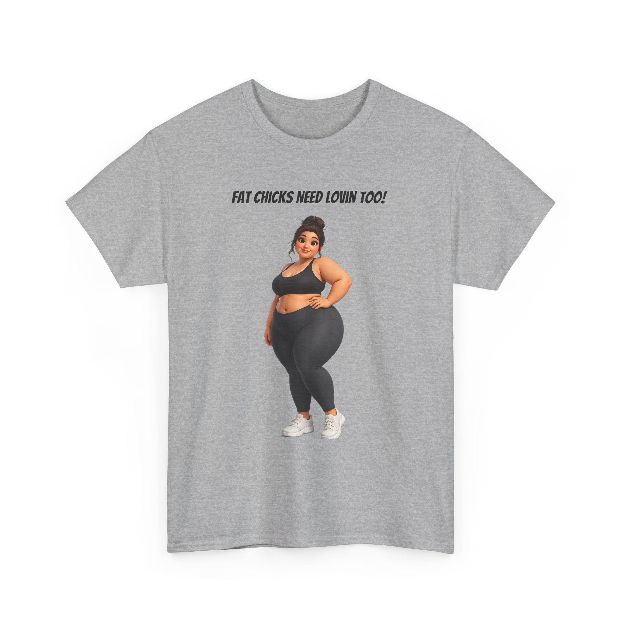 Plus-Size Fitness Tee — “Fat Chicks Need Lovin Too!” Curvy Activewear Graphic Shirt