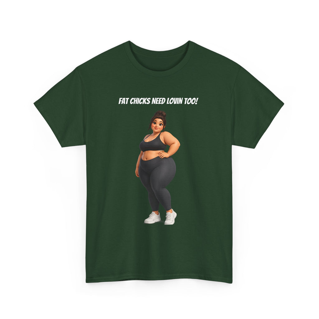 Plus-Size Fitness Tee — “Fat Chicks Need Lovin Too!” Curvy Activewear Graphic Shirt