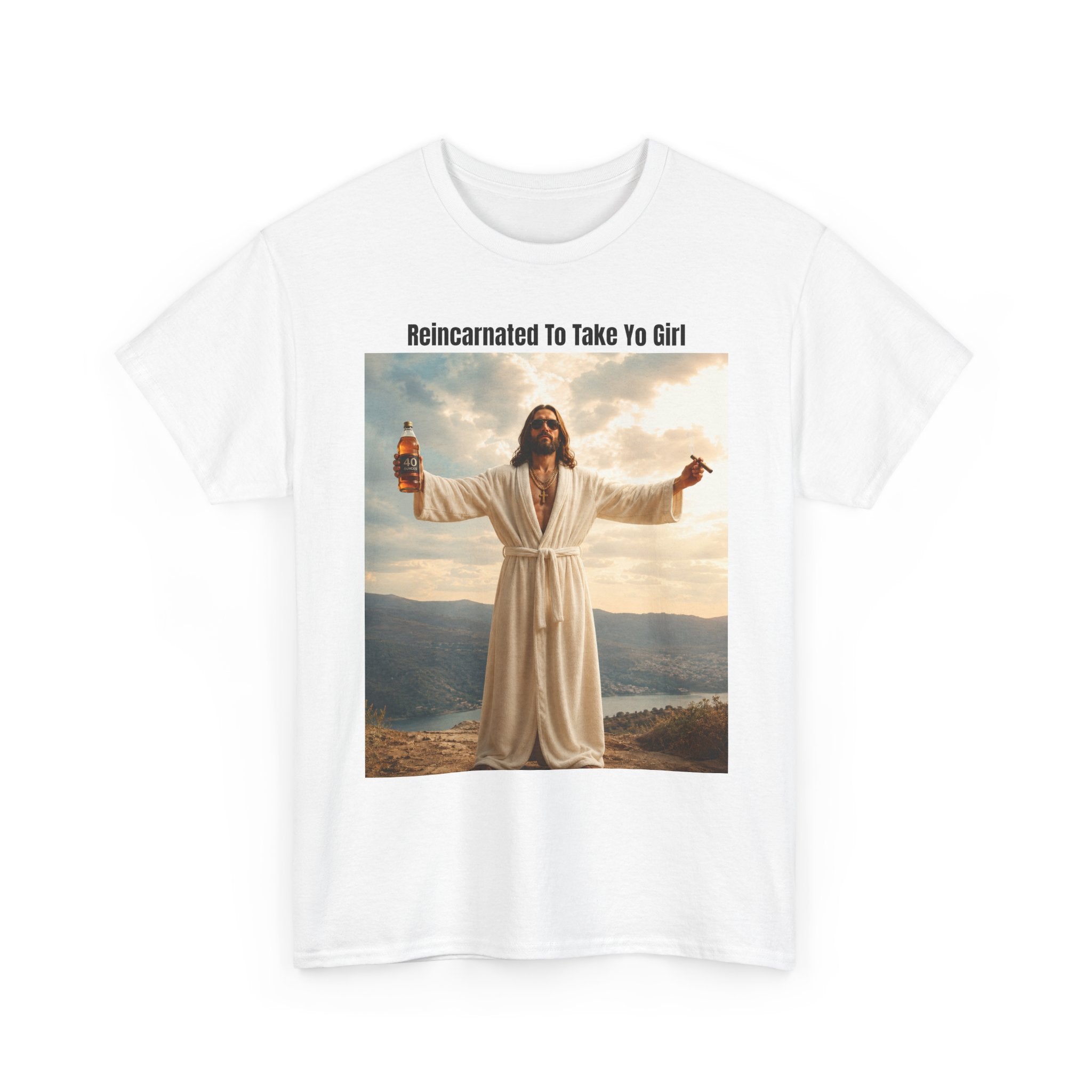 Graphic Tee — "Reincarnated to Take Yo Girl" Retro Jesus Parody T-Shirt