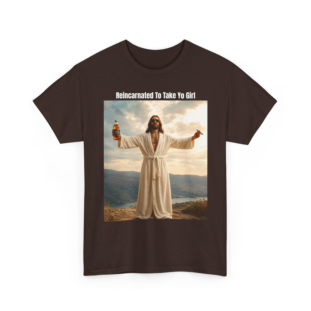 Graphic Tee — "Reincarnated to Take Yo Girl" Retro Jesus Parody T-Shirt