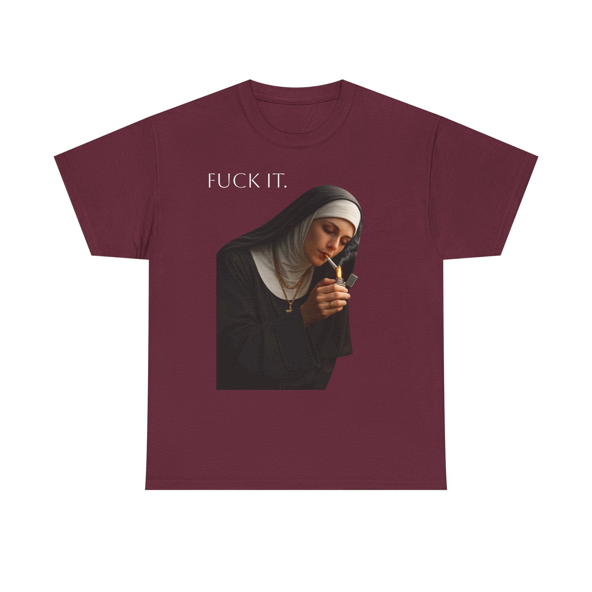 Graphic Tee — 'Fuck It' Smoking Nun Vintage Art T-Shirt