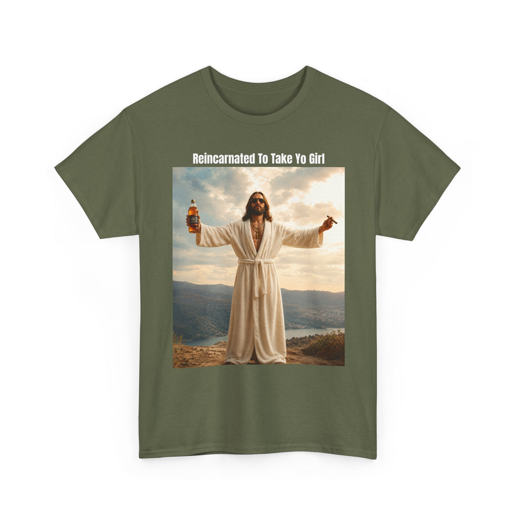 Graphic Tee — "Reincarnated to Take Yo Girl" Retro Jesus Parody T-Shirt