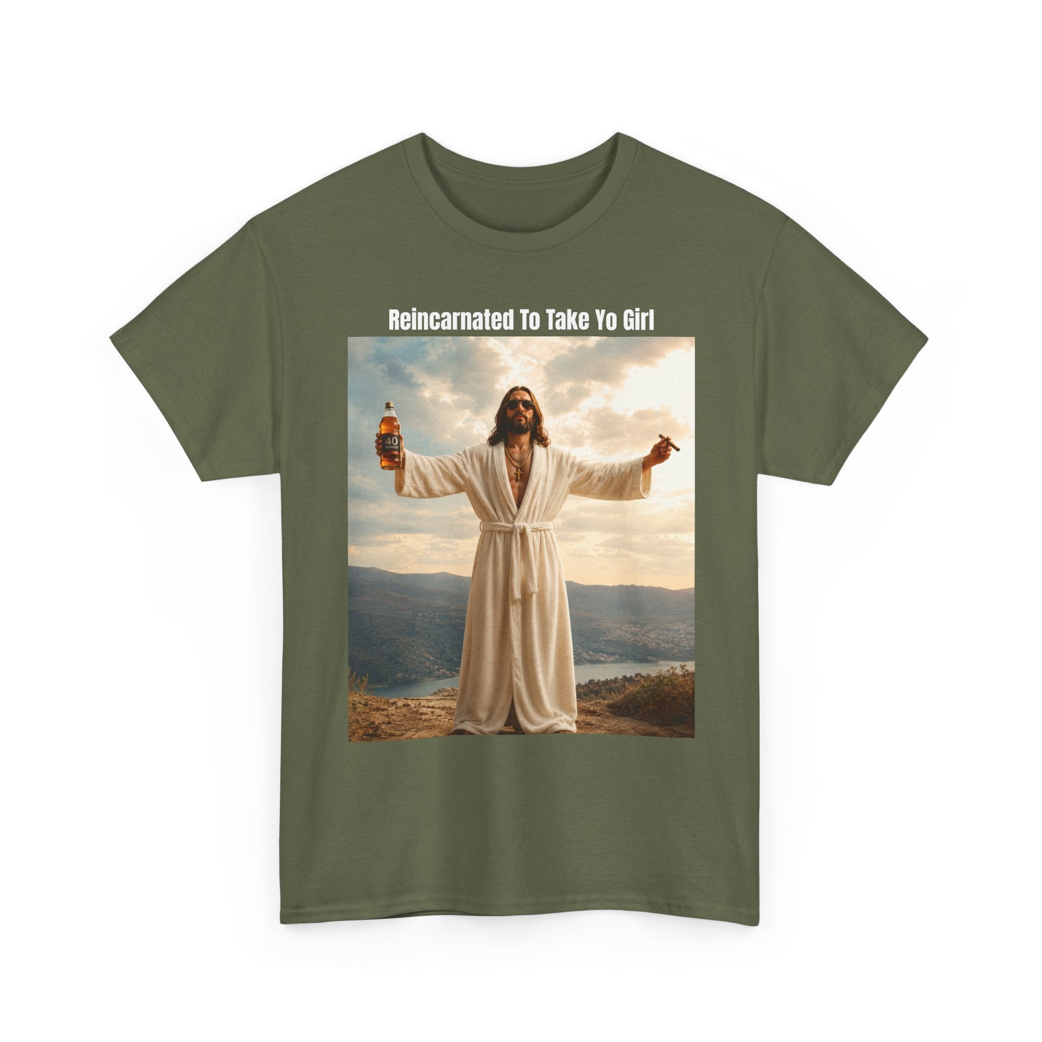 Graphic Tee — "Reincarnated to Take Yo Girl" Retro Jesus Parody T-Shirt