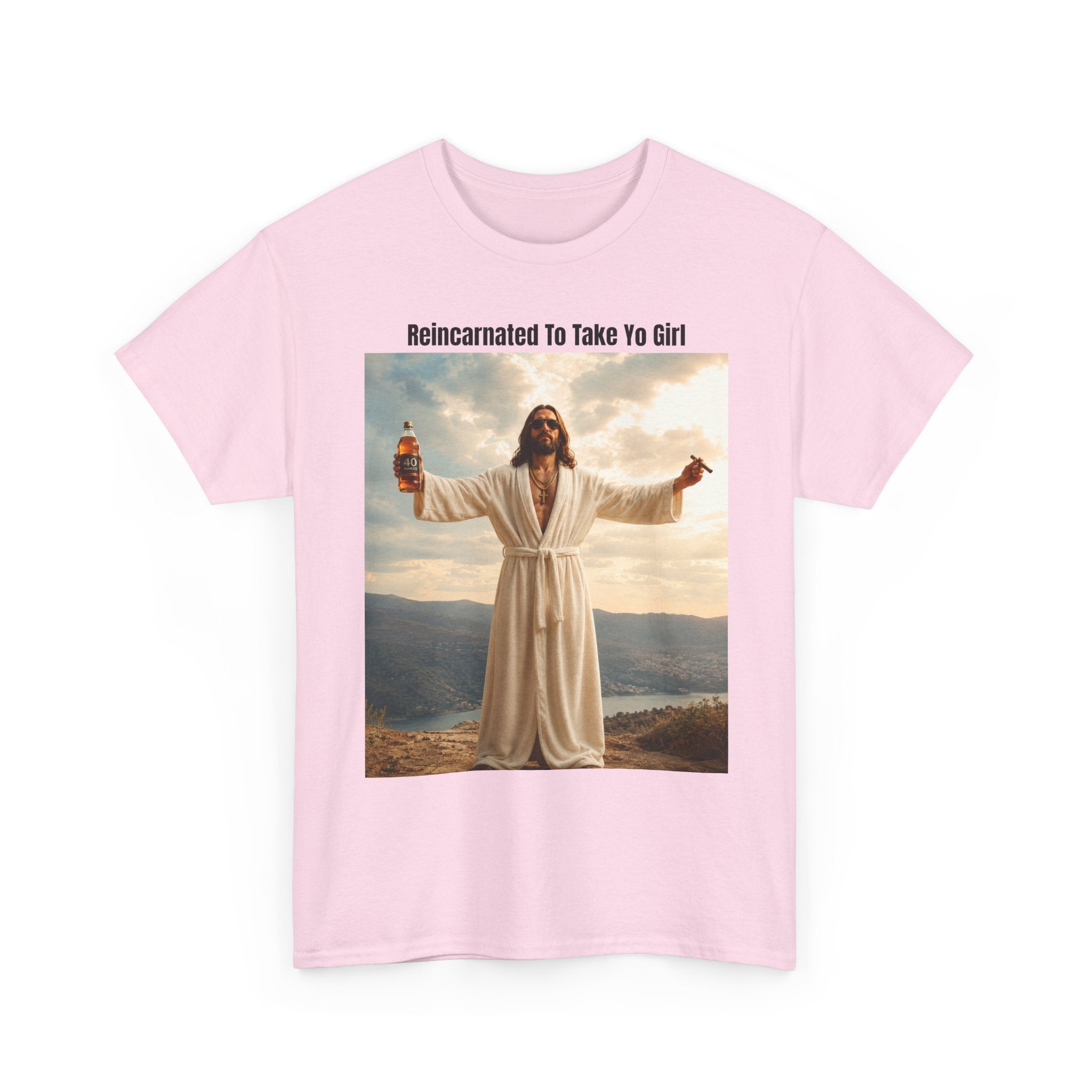Graphic Tee — "Reincarnated to Take Yo Girl" Retro Jesus Parody T-Shirt