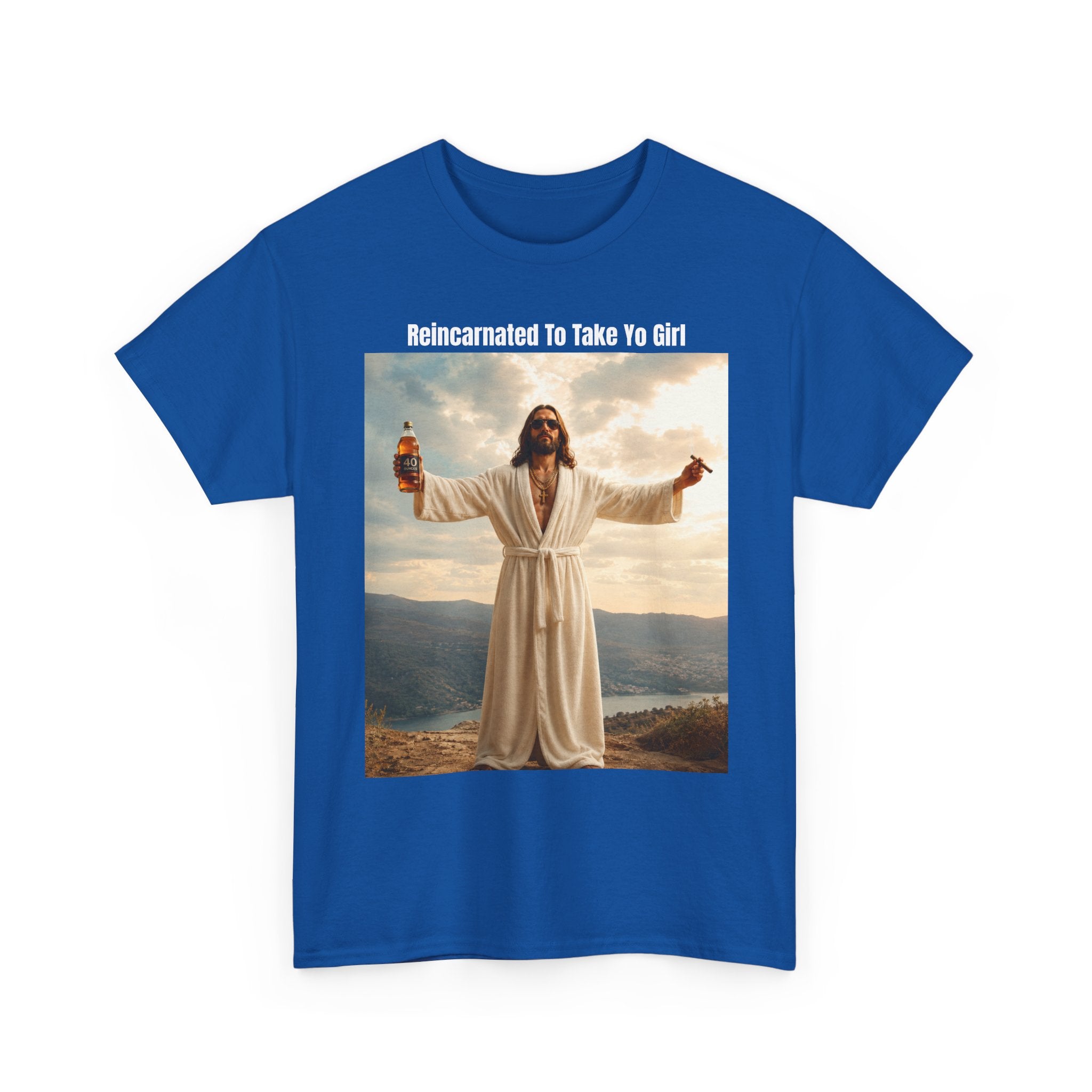 Graphic Tee — "Reincarnated to Take Yo Girl" Retro Jesus Parody T-Shirt