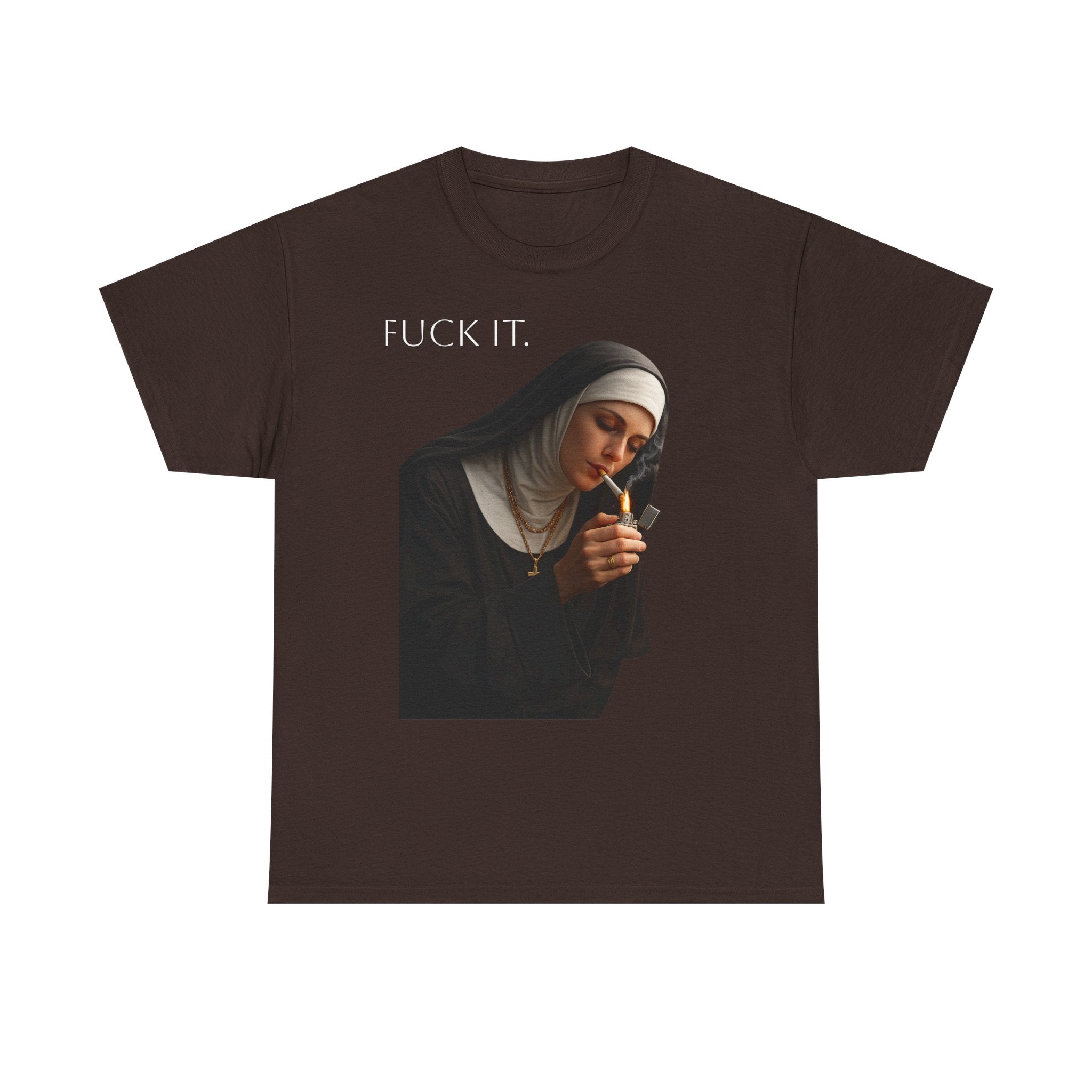 Graphic Tee — 'Fuck It' Smoking Nun Vintage Art T-Shirt