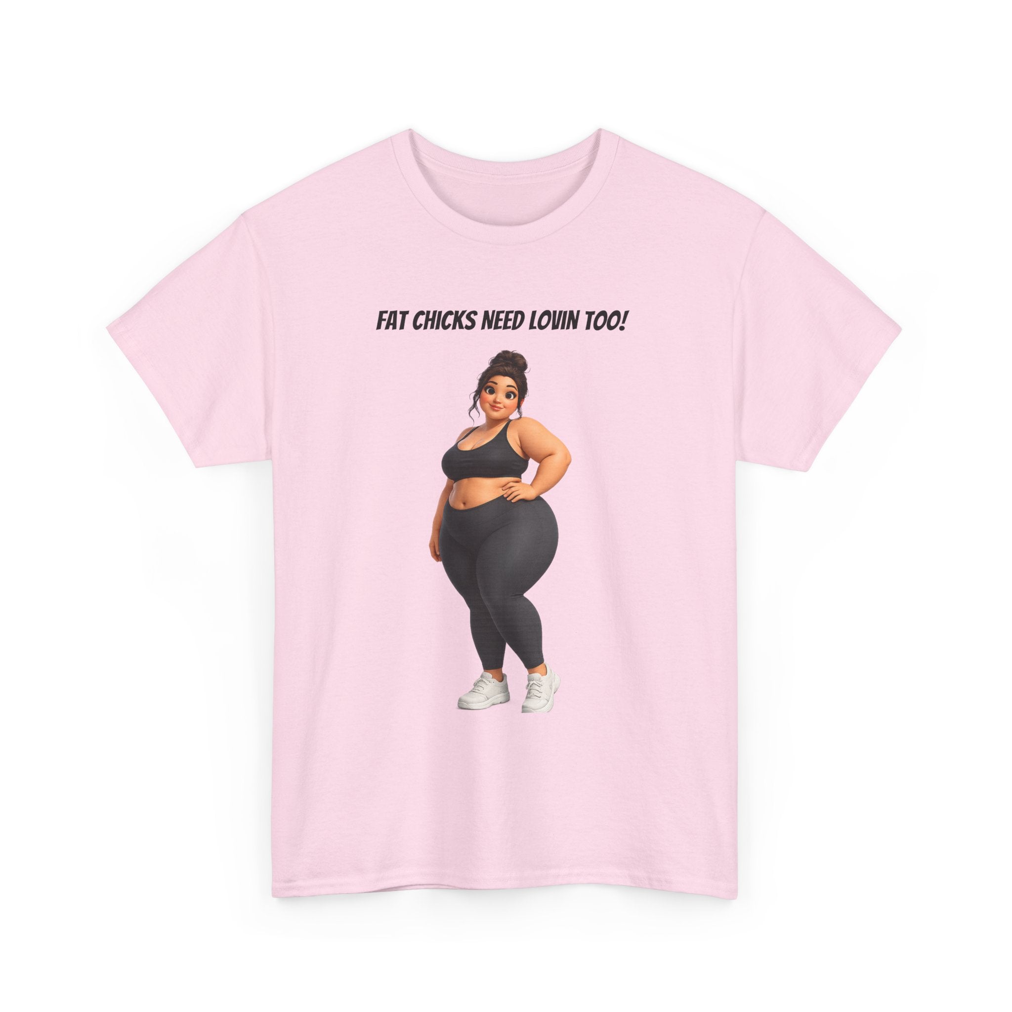 Plus-Size Fitness Tee — “Fat Chicks Need Lovin Too!” Curvy Activewear Graphic Shirt