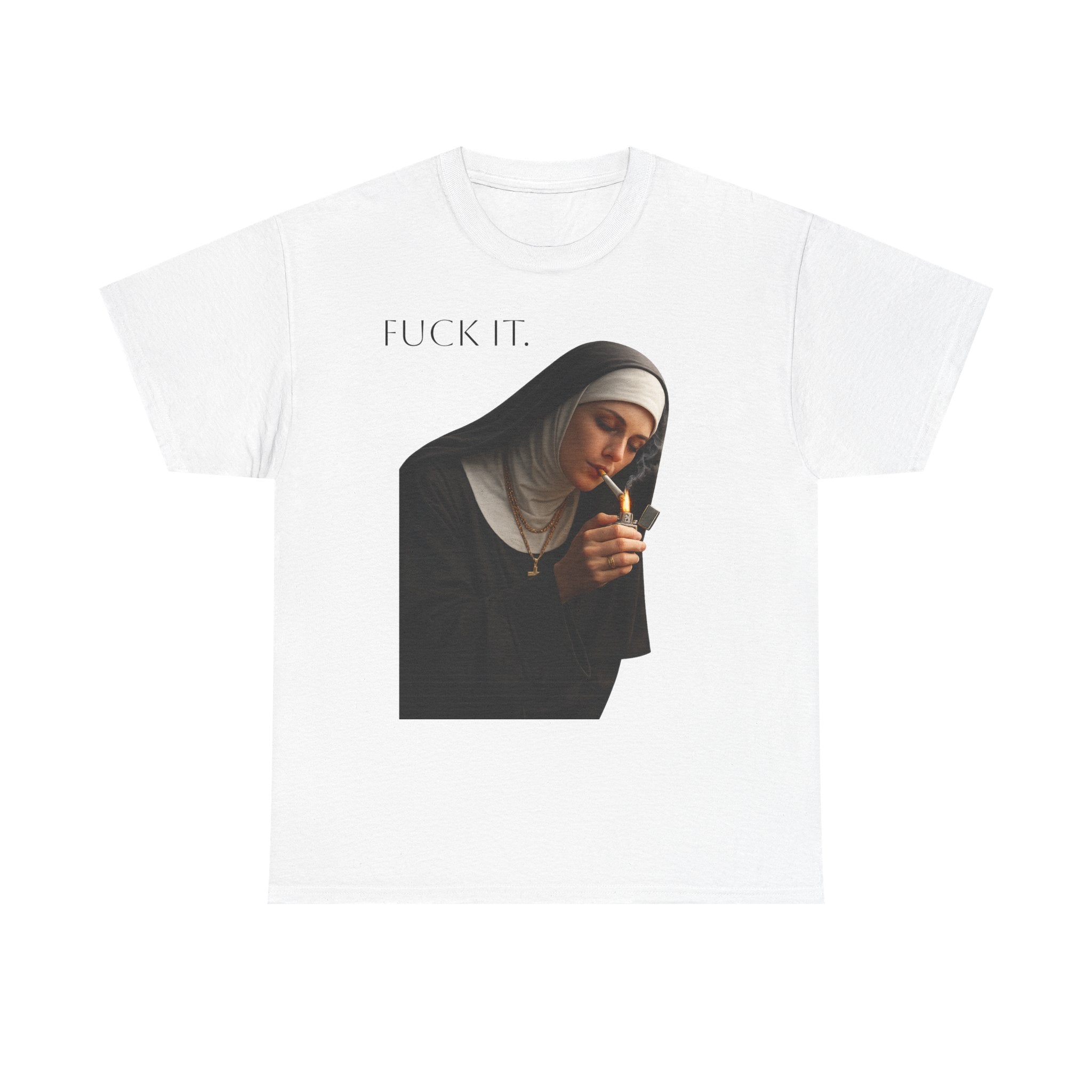 Graphic Tee — 'Fuck It' Smoking Nun Vintage Art T-Shirt