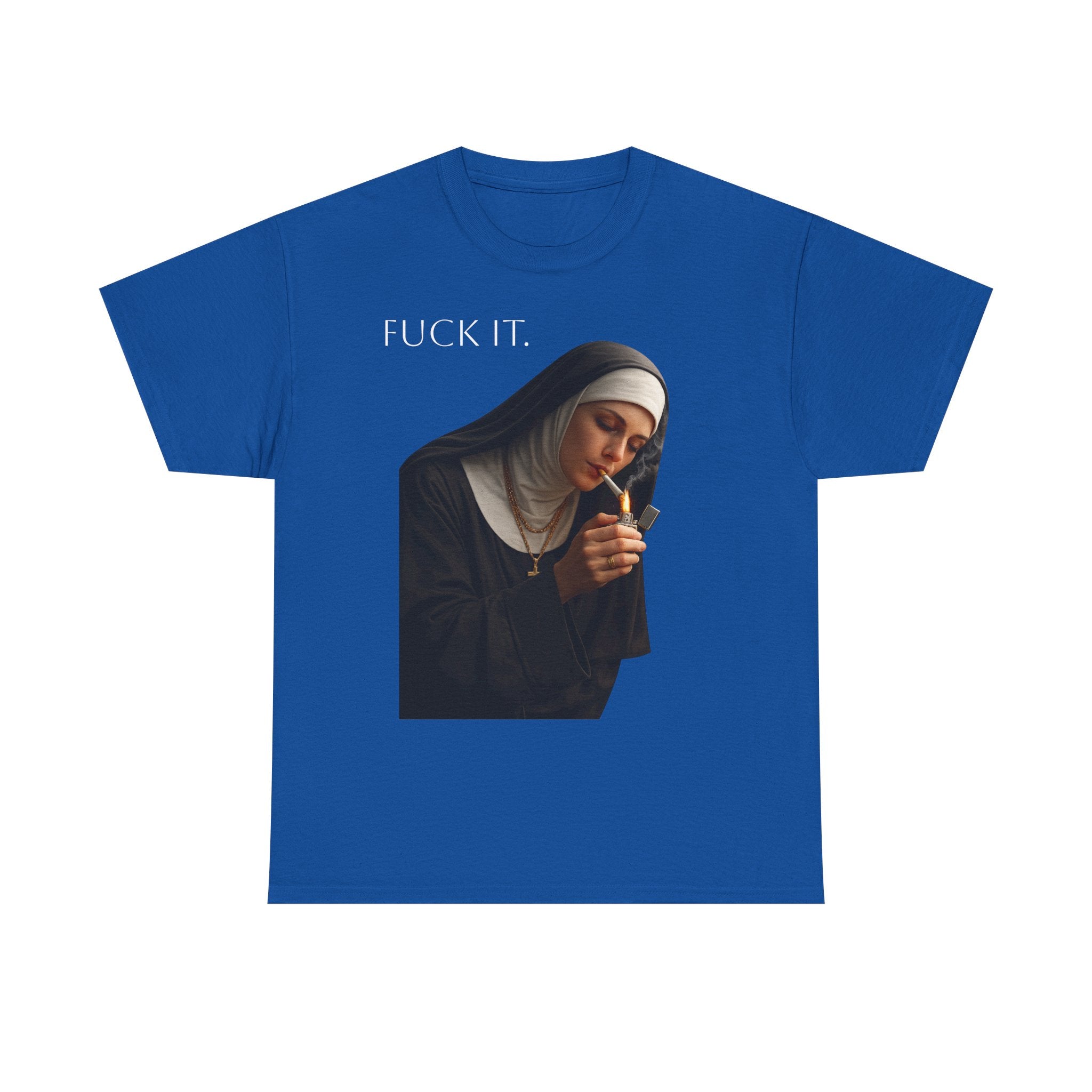 Graphic Tee — 'Fuck It' Smoking Nun Vintage Art T-Shirt