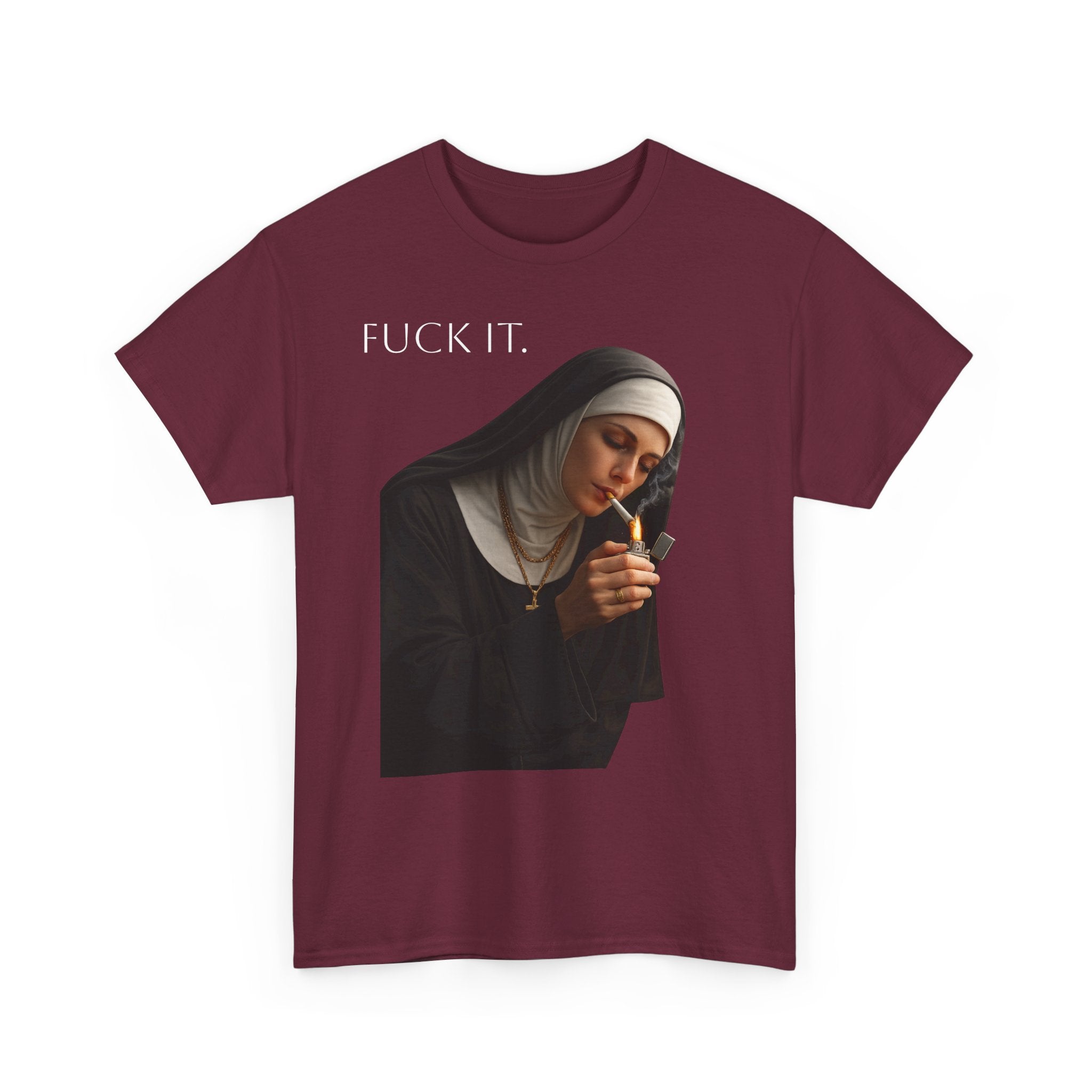 Graphic Tee — 'Fuck It' Smoking Nun Vintage Art T-Shirt