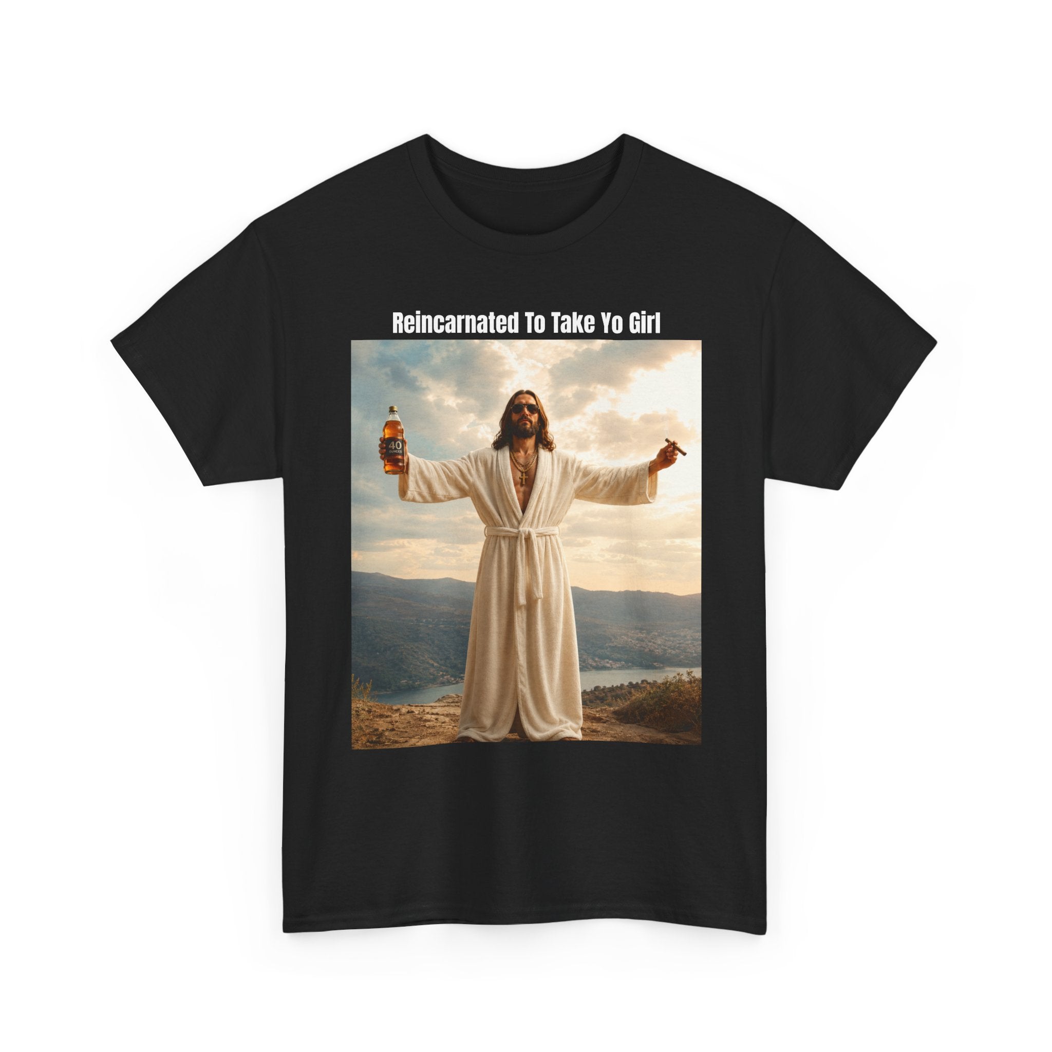 Graphic Tee — "Reincarnated to Take Yo Girl" Retro Jesus Parody T-Shirt