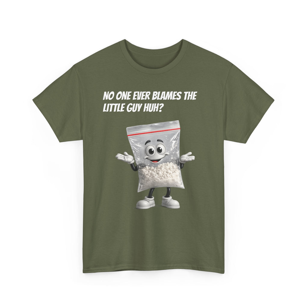 T‑Shirt — "No One Ever Blames the Little Guy Huh?" Bag Character Graphic Tee