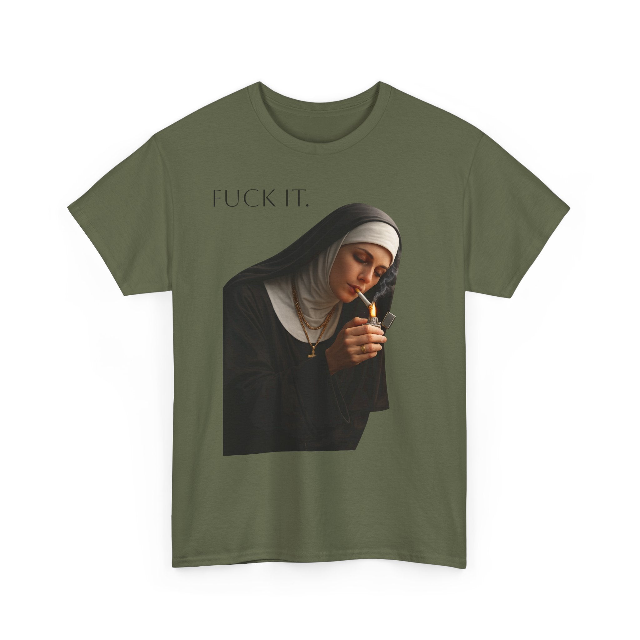 Graphic Tee — 'Fuck It' Smoking Nun Vintage Art T-Shirt
