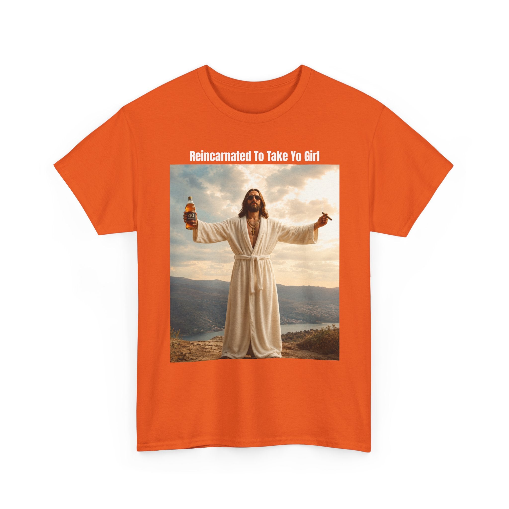 Graphic Tee — "Reincarnated to Take Yo Girl" Retro Jesus Parody T-Shirt