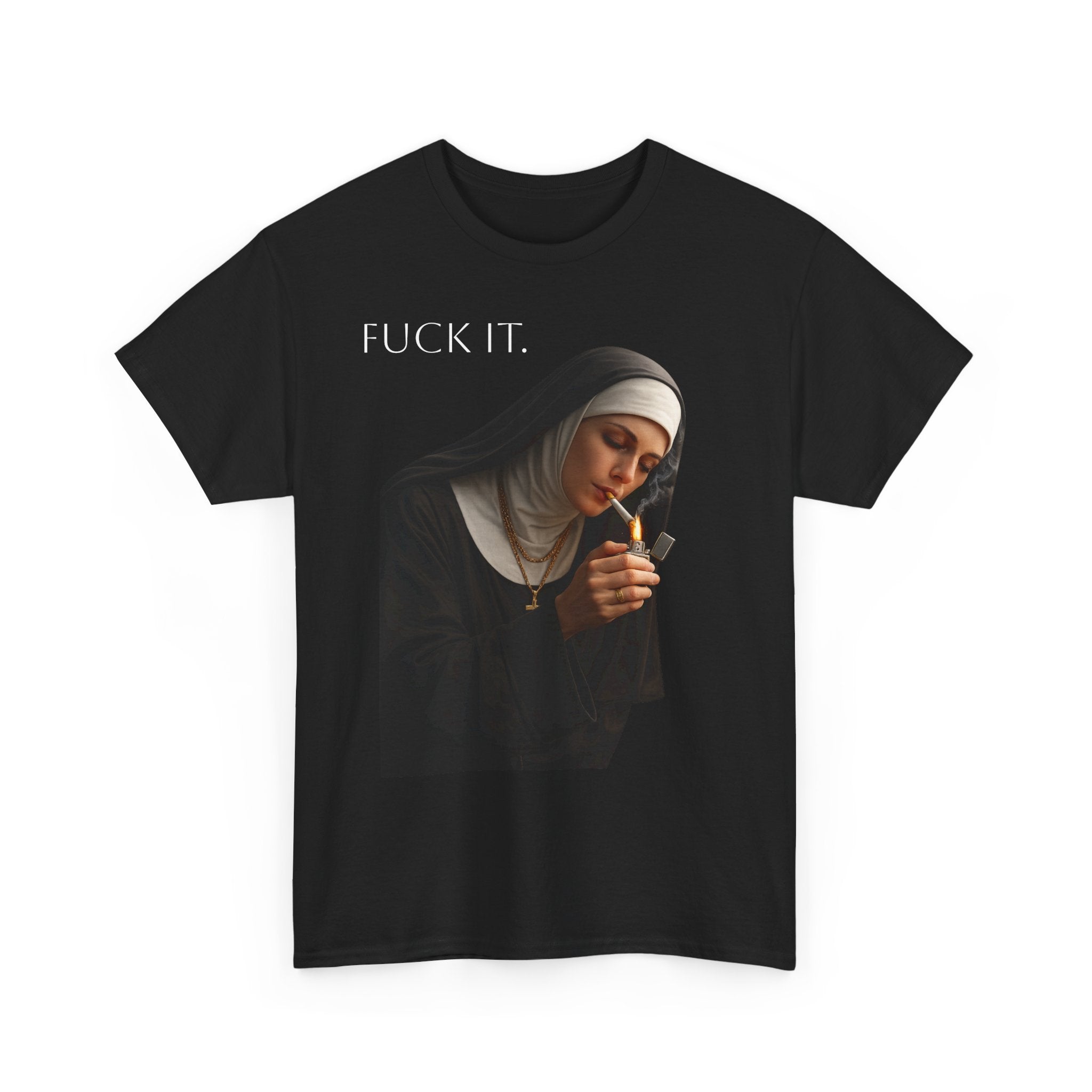 Graphic Tee — 'Fuck It' Smoking Nun Vintage Art T-Shirt