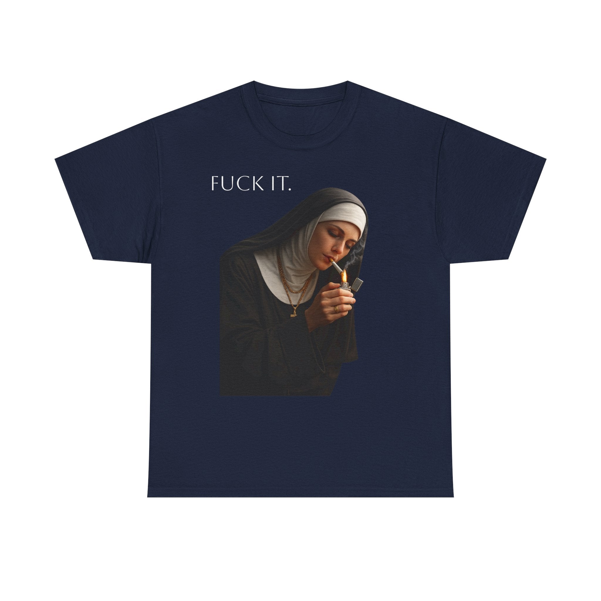 Graphic Tee — 'Fuck It' Smoking Nun Vintage Art T-Shirt