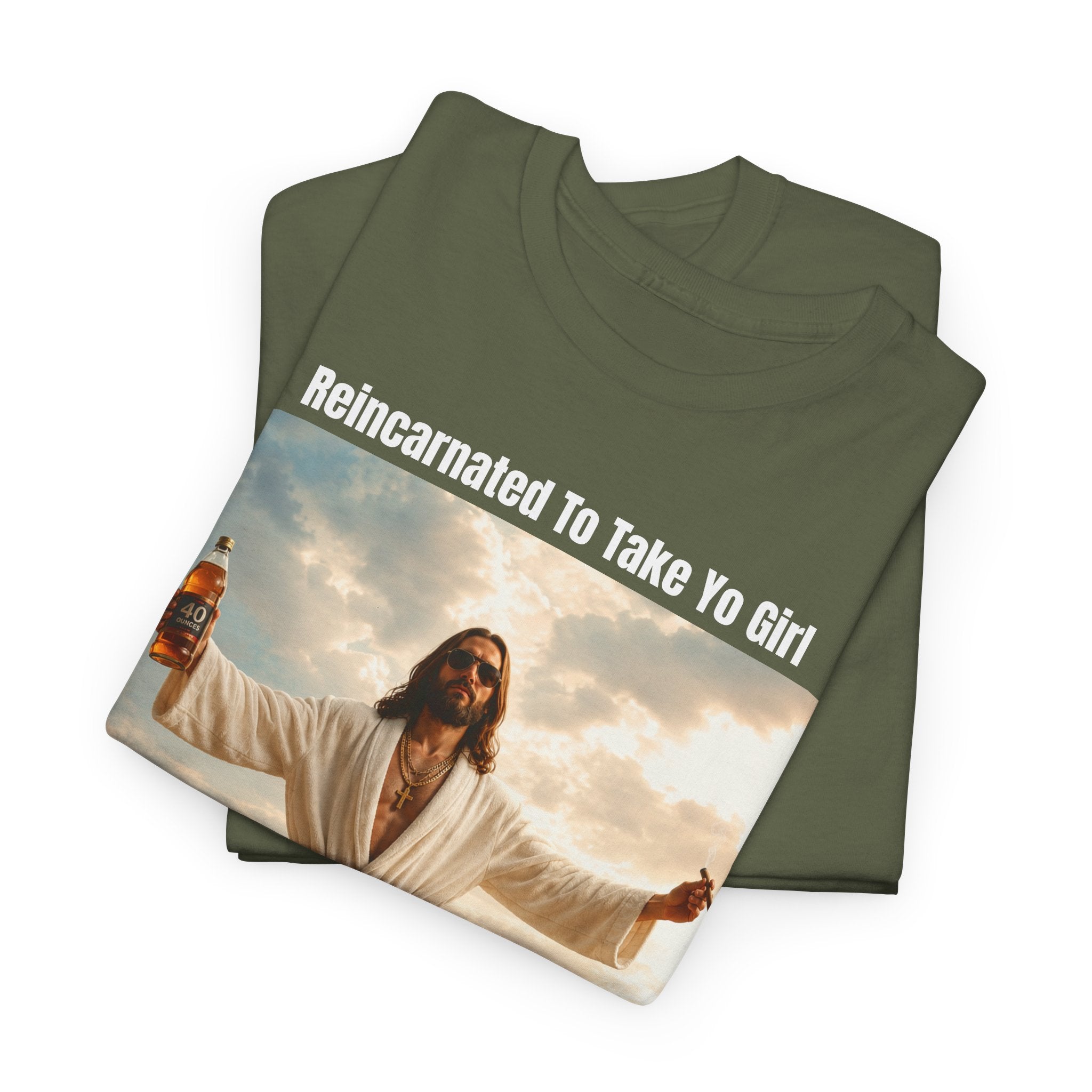 Graphic Tee — "Reincarnated to Take Yo Girl" Retro Jesus Parody T-Shirt